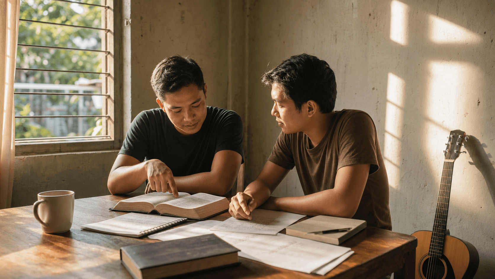 Cebuano songwriters discussing lyrics beside an open Bible and guitar
