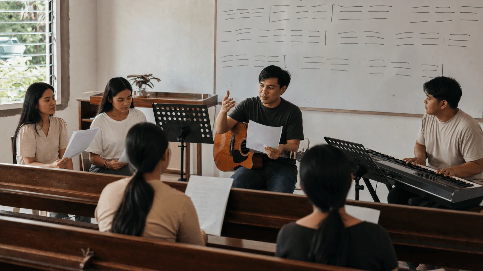 A Cebuano worship team revising repeated chorus sections during rehearsal