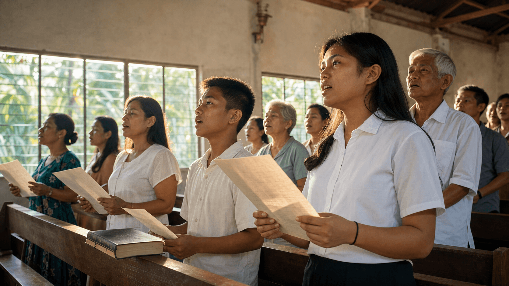 A Filipino church congregation singing in a modest chapel filled with warm morning light