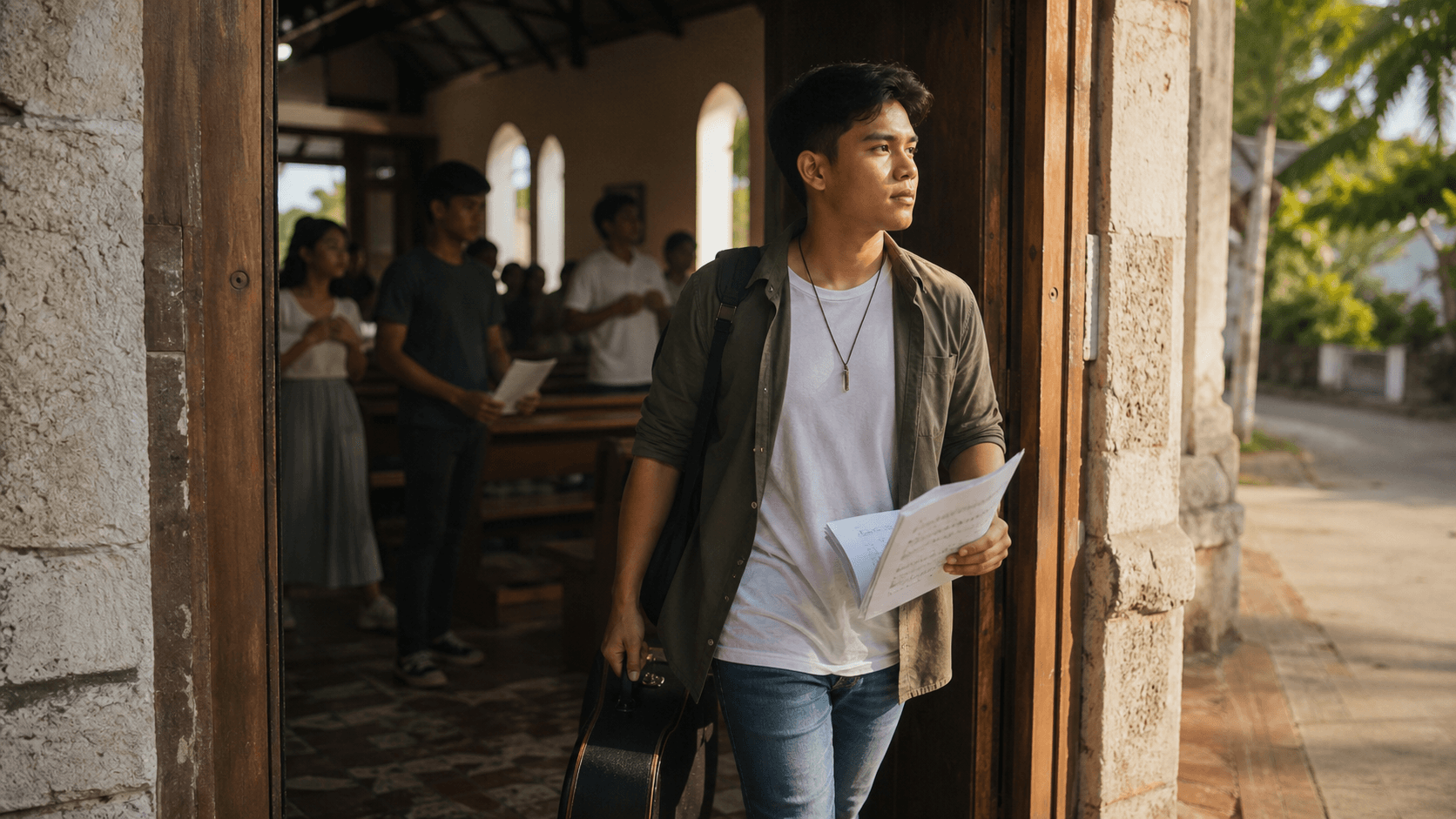 A Cebuano songwriter walking from a small church doorway into daylight with lyric pages
