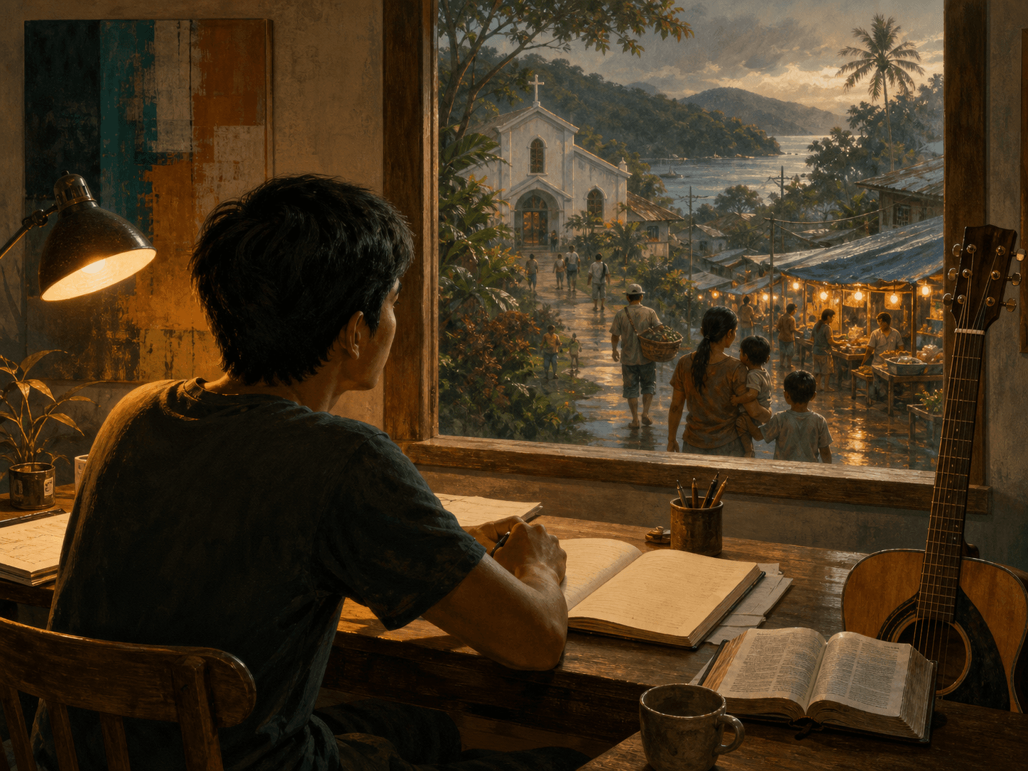 A songwriter at a desk looking through a window toward ordinary community life