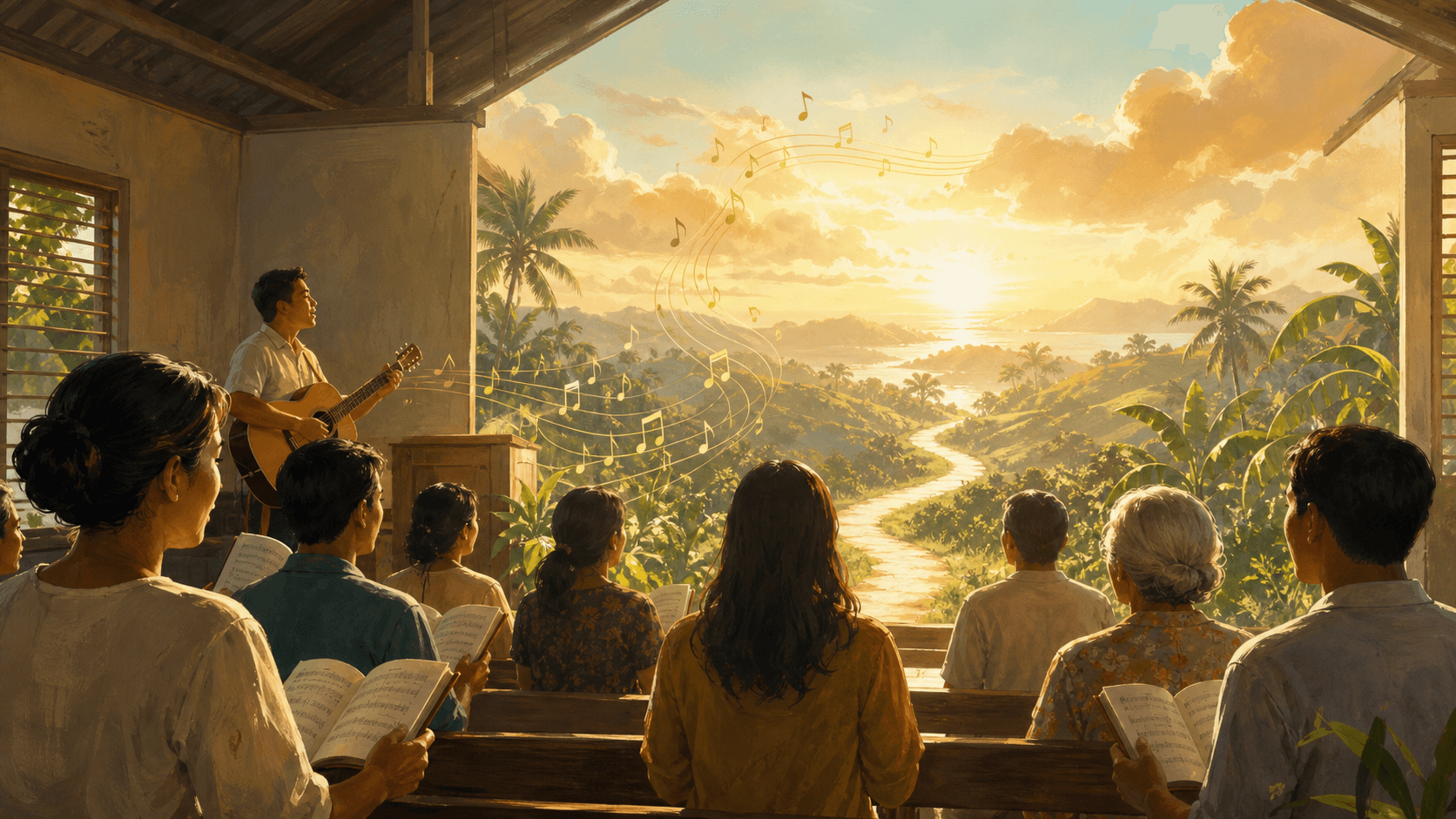 A Bisaya church community singing toward a bright horizon of hope