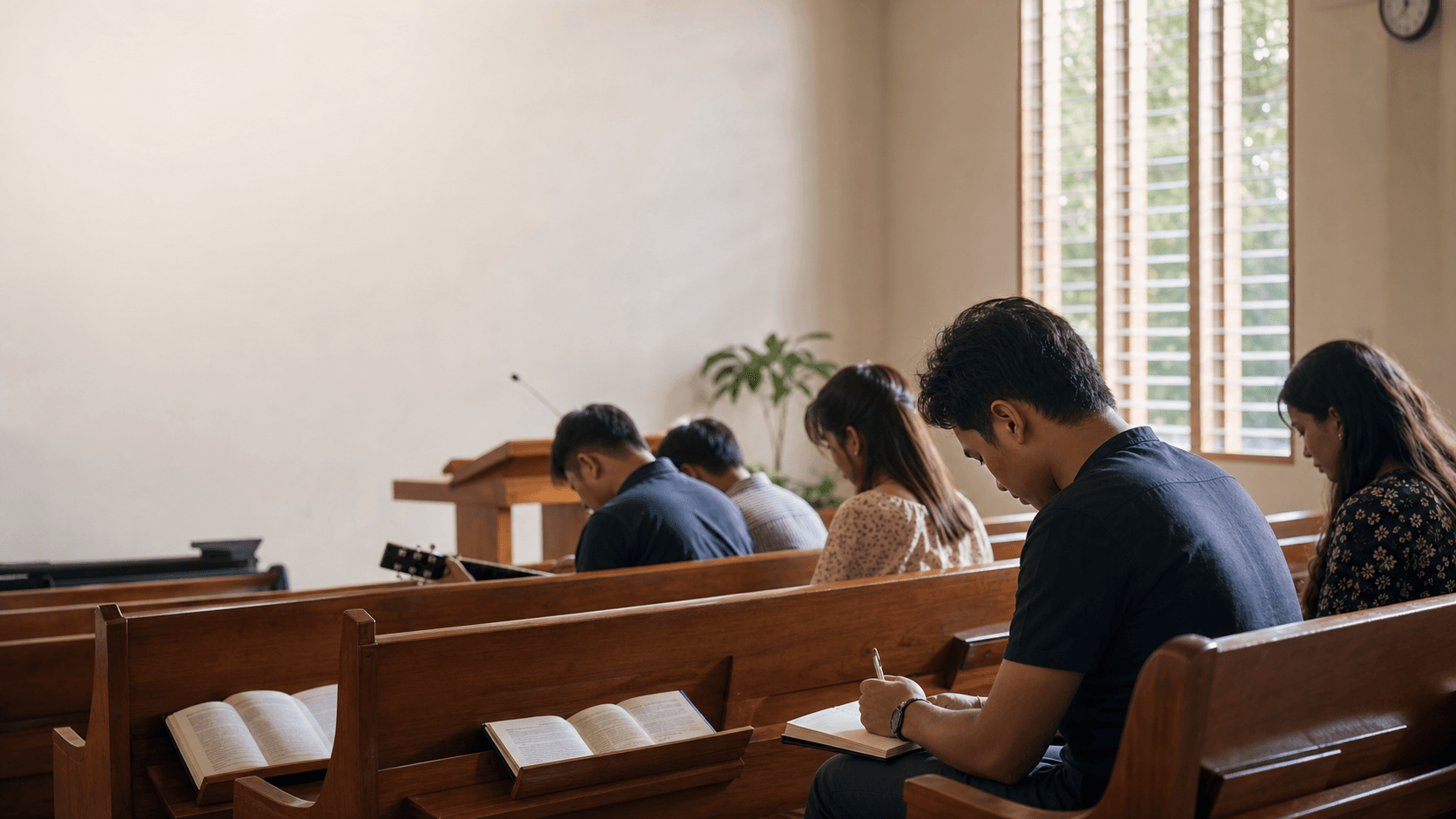 Cebuano worship leaders praying and writing songs in a modest church